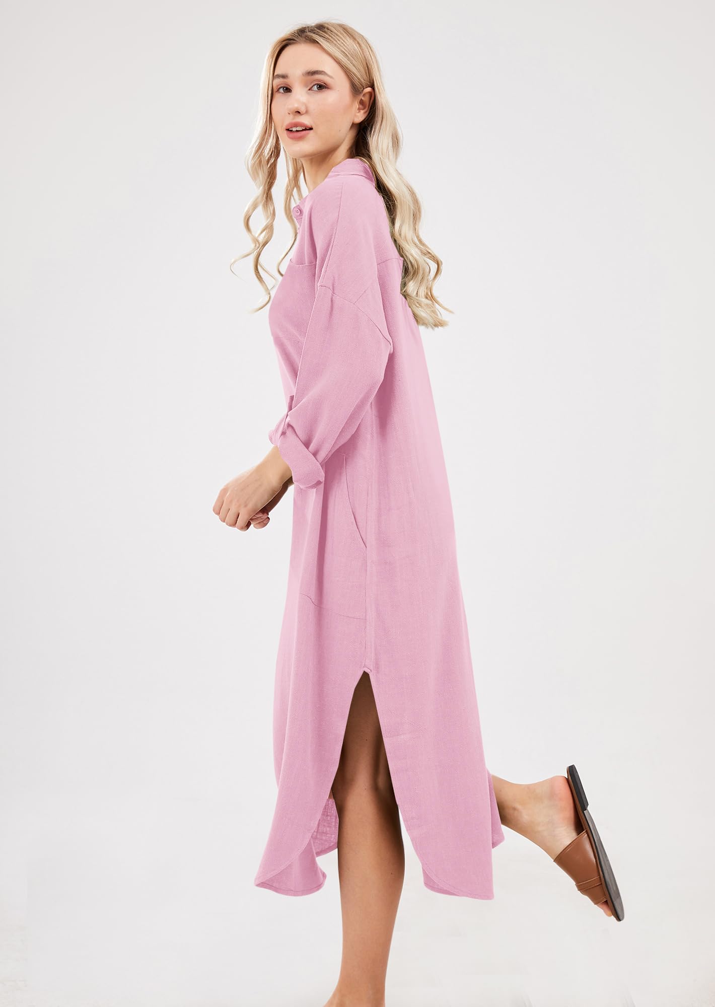 utcoco - Abiti lunghi casual da donna in cotone e lino, dal taglio ampio, con revers, bottoni, maniche con risvolto, spacco laterale e tasche