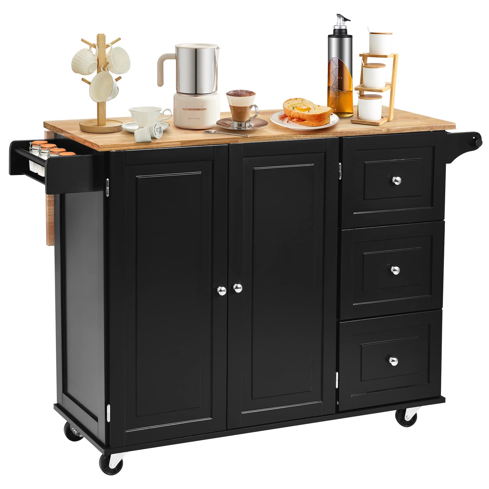 GIANTEX Carro de Cocina Plegable, Carro de Servicio, Aparador de Cocina, Mueble de Cocina de Madera, Ruedas con 2 Frenos, Tablero Plegable y 2 Estantes Ajustables, 136 x 76 x 91 cm (Negro)