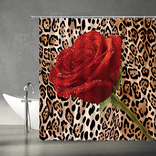 Xzman Leopard Shower Curtain Red Rose Mix Wild Animal Leopard Print Pattern Background Romantic Creative Polyester Home Bathroom Curtains Decor Set Include Hooks,(70" Wx70 H) #TOP3