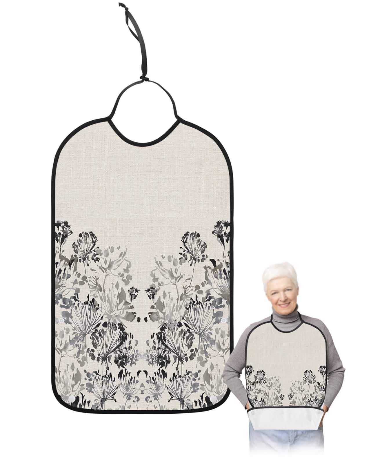 LEOKOTI Black Grey Botanical Adult Bibs for Eating, Waterproof Bibs with Food Catcher & Adjustable Snap Closure, Pastoral Spring Floral Rustic Washable Clothing Protectors Adult Bibs for Elderly