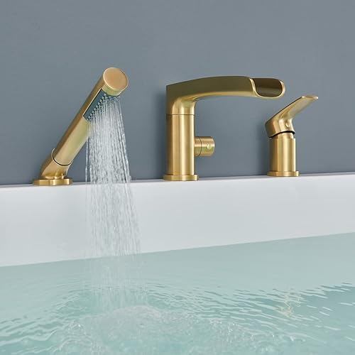 Miniatura 6 de Grifo de bañera romana en cascada de oro cepillado, grifos de bañera de latón con ducha de mano