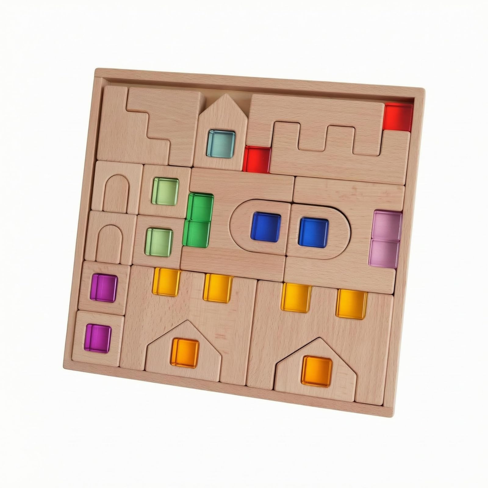 Gralara Kinder Lernbaustein Holzpuzzle Bausteinspiel Steckspiel Formensortierer Pädagogisches Spielzeug aus Buchenholz mit, Buchenholzschloss Mit 19 Hochtransparenten Acryl-Steinen
