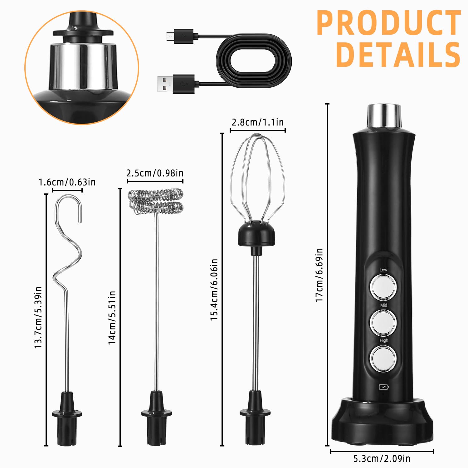 Montalatte Elettrico USB, frullino montalatte con 3 frullino in acciaio inox,3 velocità regolabili,Potente Schiumalatte Elettrico per Caffè, Latte, Cappuccino, Matcha