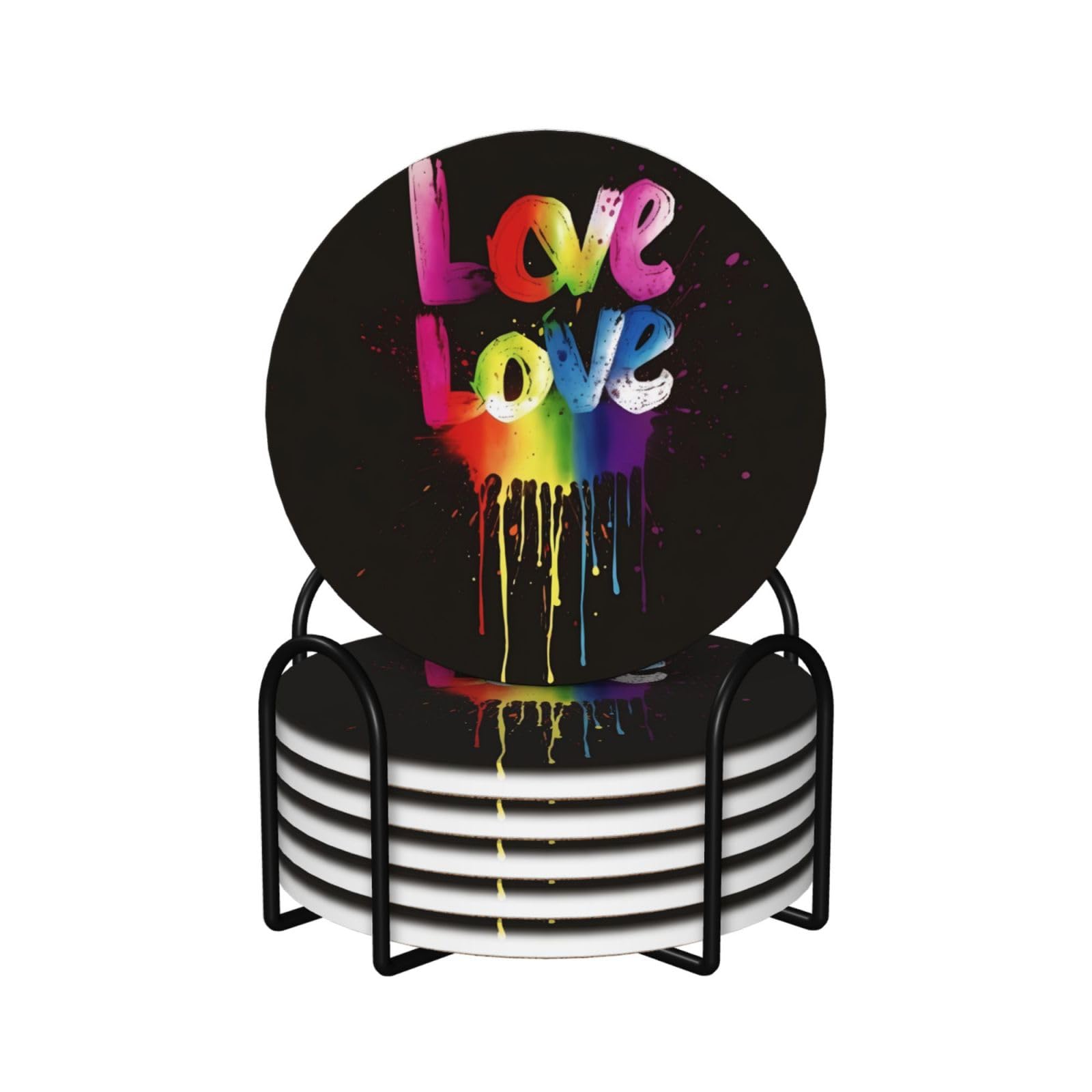 Dessous de verre en céramique lot de 6 avec support métal Love is Love et base en liège