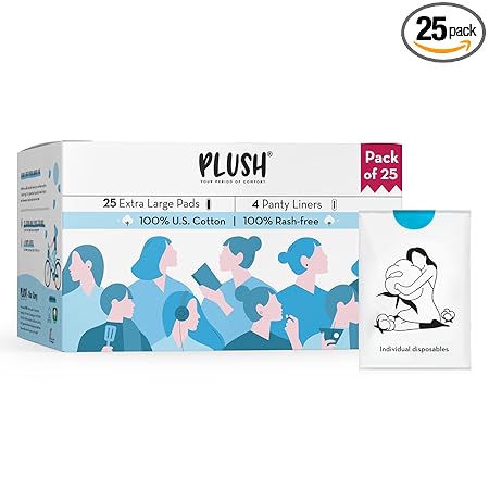 Plush Ultra-Thin Sanitary Pads For Women, 25 XL Natural Cotton Sanitary Napkins | Super Absorbent 25 Medium Flow XL + 4 Panty Liners For Rash Free Periods | Pure U.S. Cotton Pads With Disposable Pouch