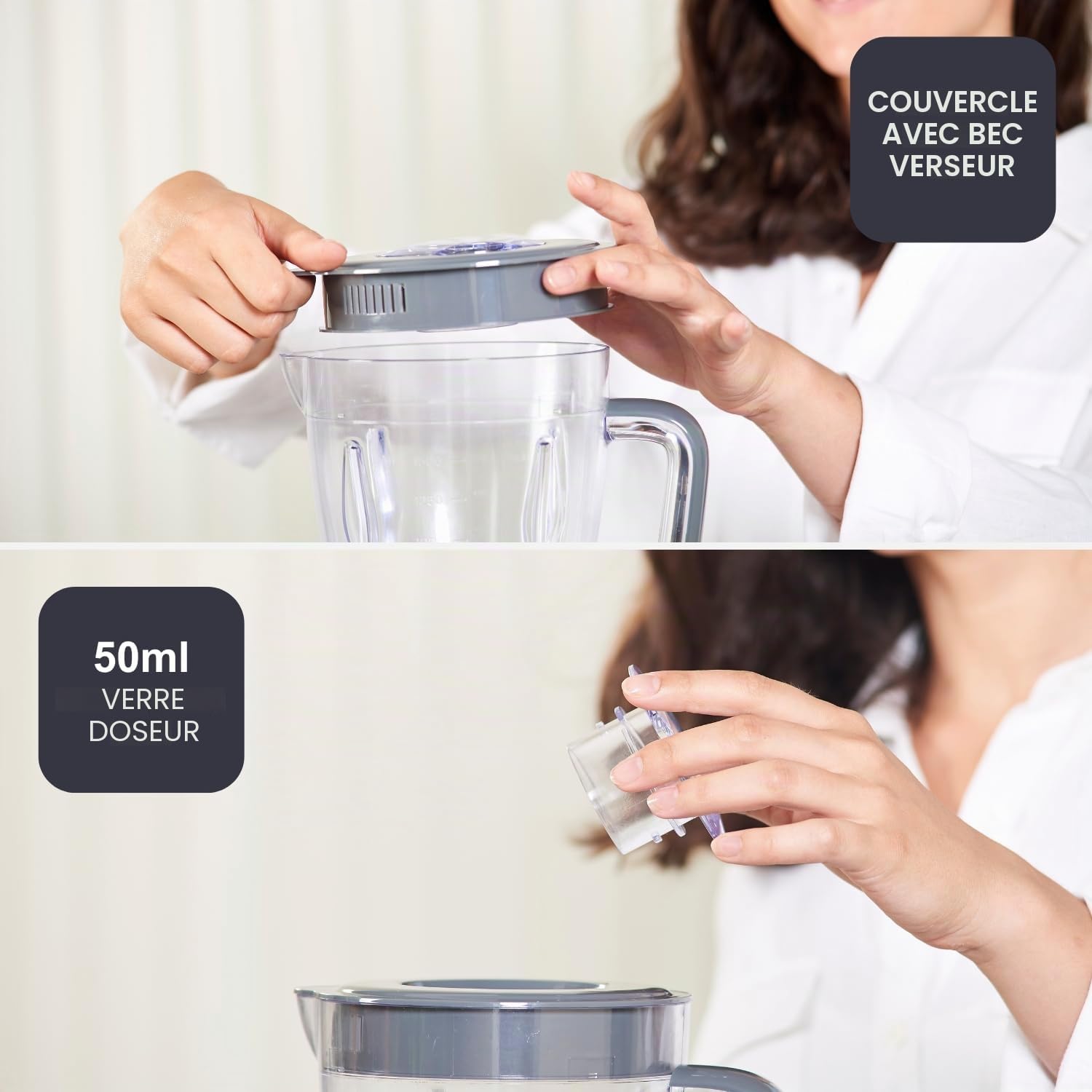 BLACK+DECKER BXJB500E - Blender mixeur 500W, bol en plastique 1.5L, 2 vitesses + Pulse, 4 lames en acier inoxydable, blanc et gris