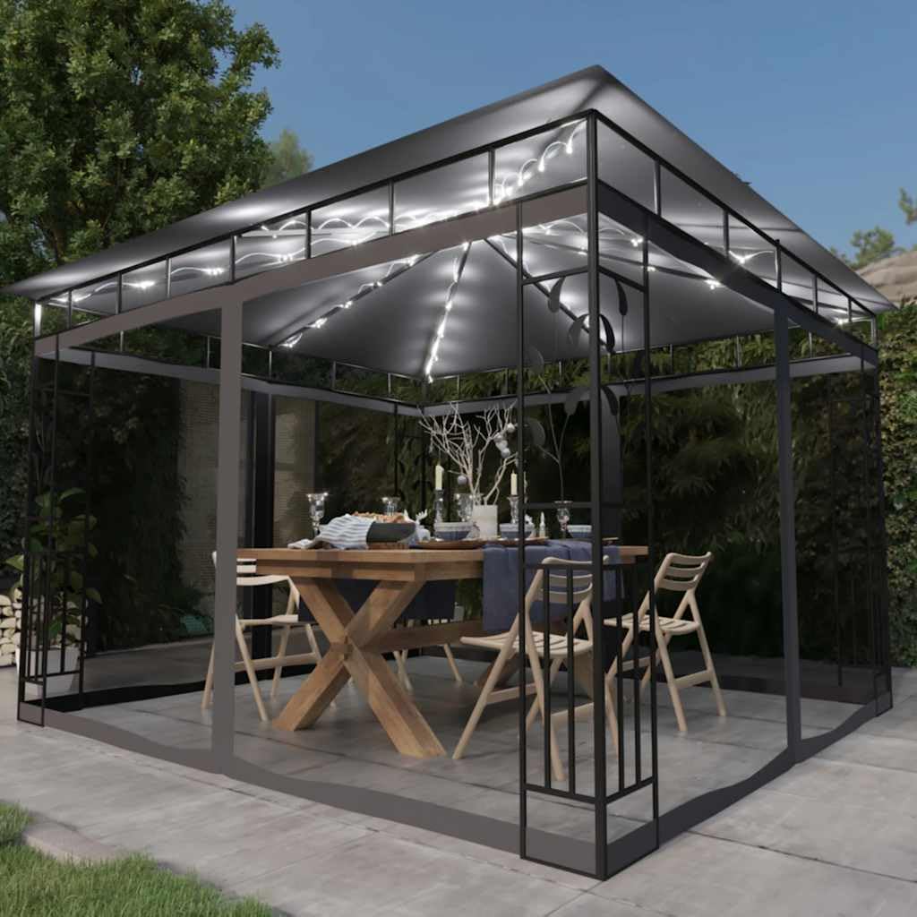Pavillon 3x3m mit Moskitonetz und Lichterkette, Stabiles Gartenzelt aus pulverbeschichtetem Stahl, Überdachung für Garten und Terrasse, Gartenlaube, Anthrazit