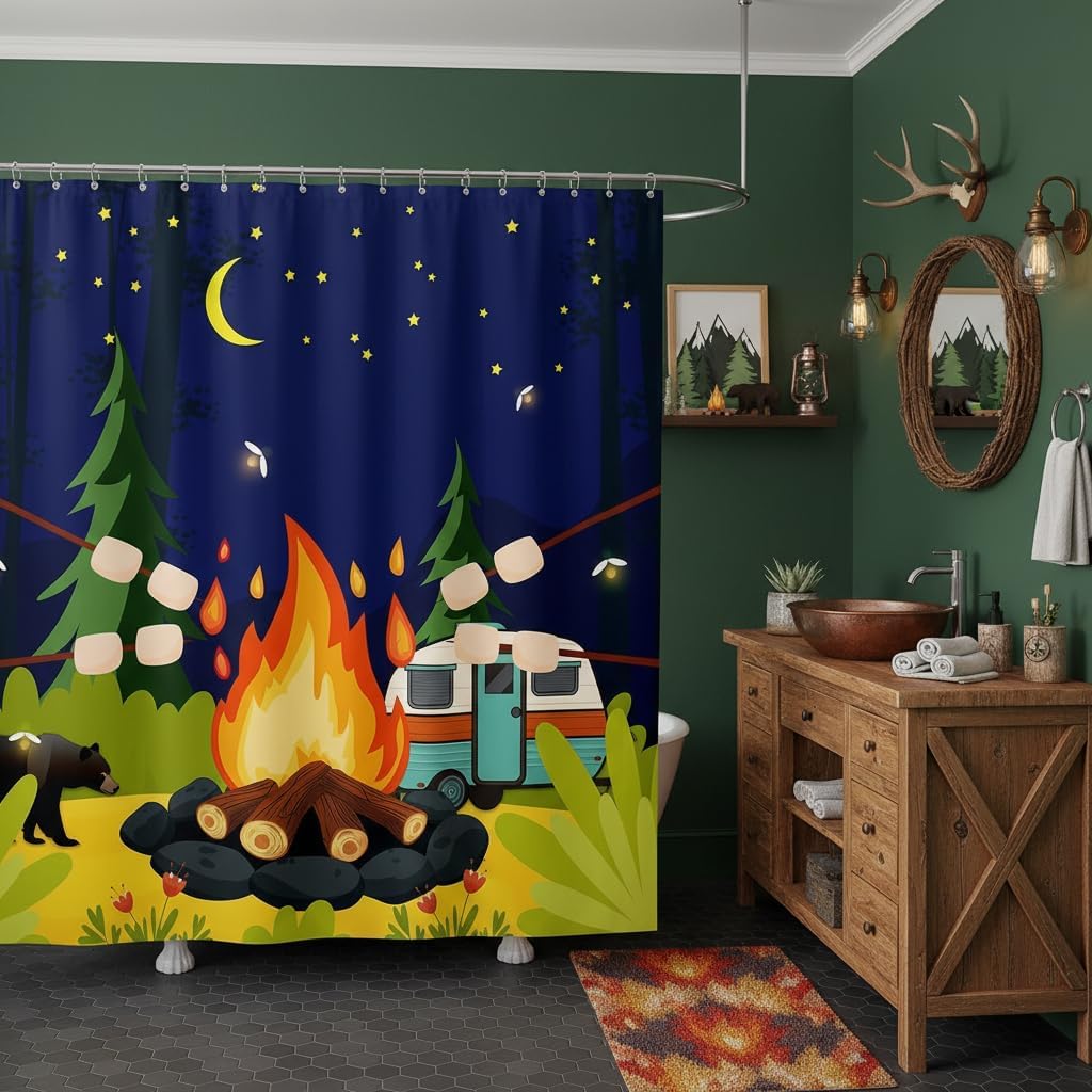 Cartoon Camper Campfire Shower Curtain,Cute Camping RV Bathroom Curtain,Kids Boys Adult Watercolor Starry Sky Moon Night Waterproof Curtain Nature Jungle Scenery Bath Curtain,12 Hooks,72"Wx78"L