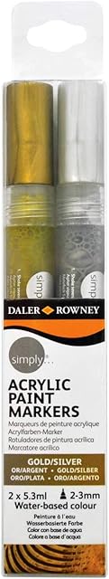 Daler-Rowney Simply Acrylic Metallic Marker Pen Set, Gold and Silver Markers, Multi-Surface, Water-Based, 2-3mm Tip, Ideal for Entry-Level Artists & Hobbyists