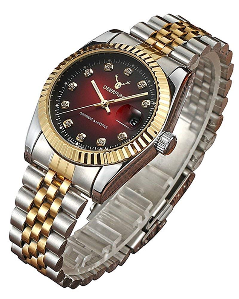 Unisex Luxury Stainless Steel Mineral Mirror Luminous Quartz Waterproof Swarovski Crystal Two Tone Watch (Two Tone & Red)