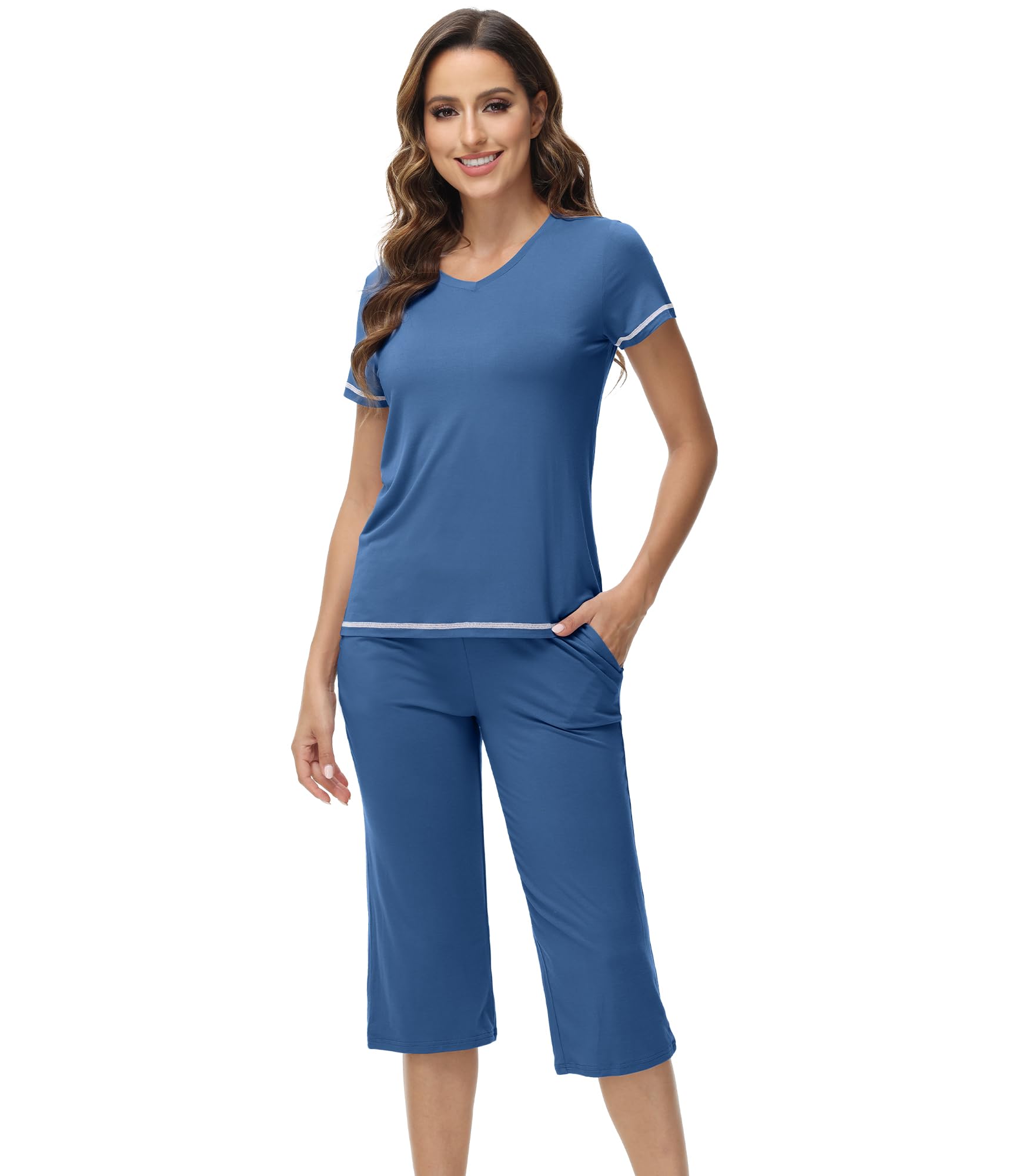 WiWi Pajamas for Women Cool Short Sleeve Top and Capri Pants Viscose from Bamboo Super Soft 2 Piece Pjs Sleepwear S-XXL
