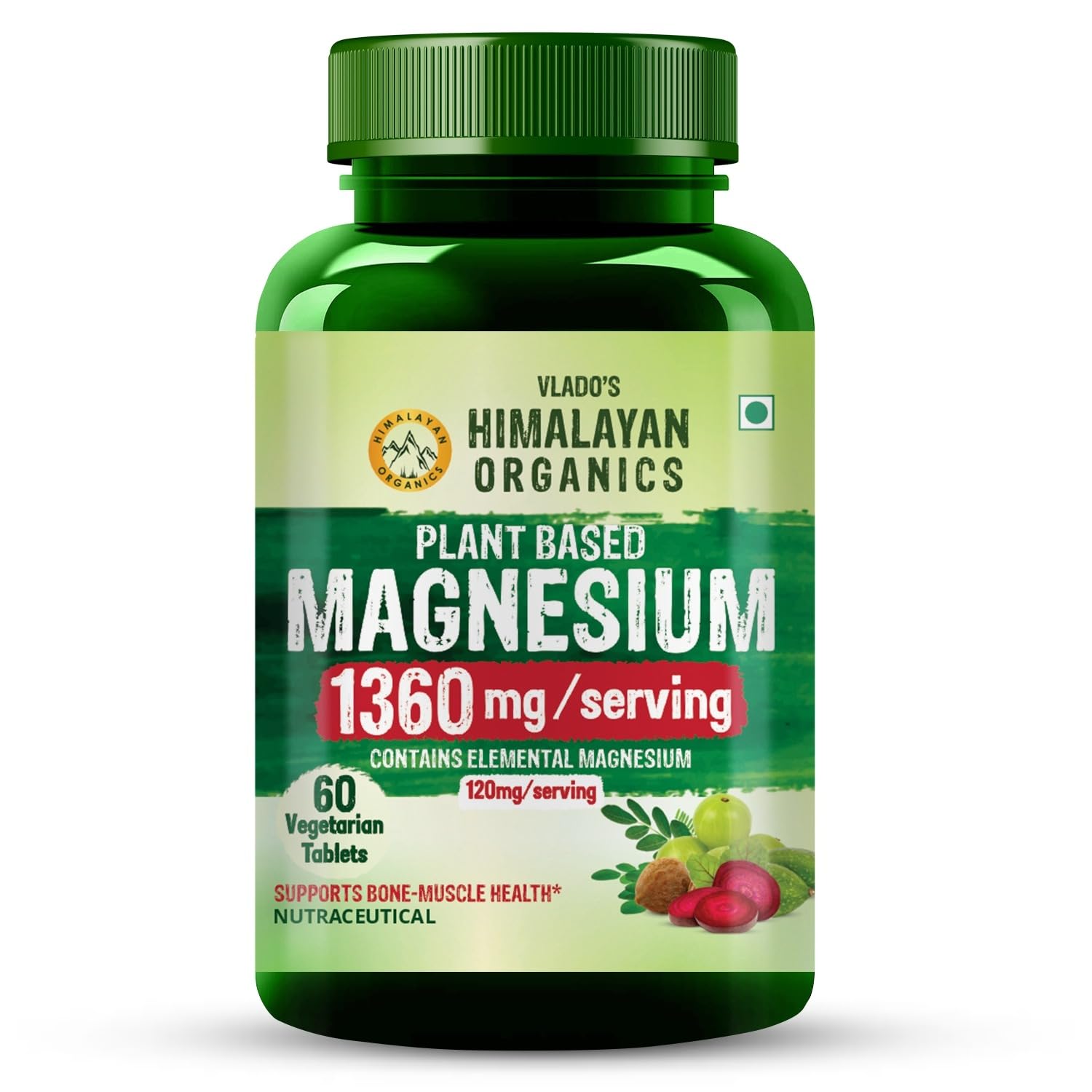 Vlado's Himalayan Organics Plant Based Magnesium Supplement 1360mg For Men And Women With Turmeric Spirulina, Wheatgrass, Moringa | Clinically Approven | Supports Bone Muscle & Bone Health | Boost Energy Level - 60 Veg Tablets
