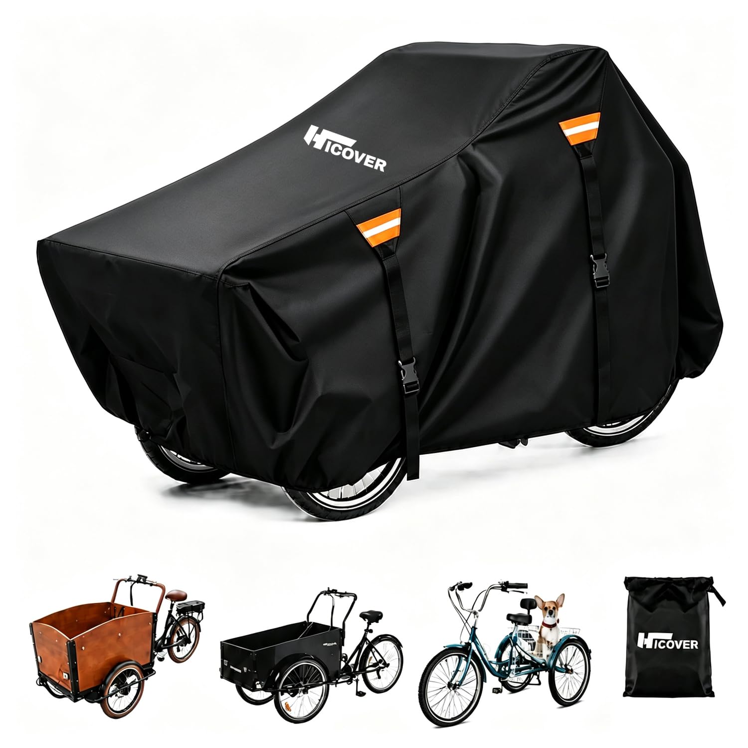Housse de vélo cargo d'extérieur HICOVER 600D très résistante - Étanche - Protection UV - Pour tricycle adulte - Avec triangle coupe-vent et bande réfléchissante