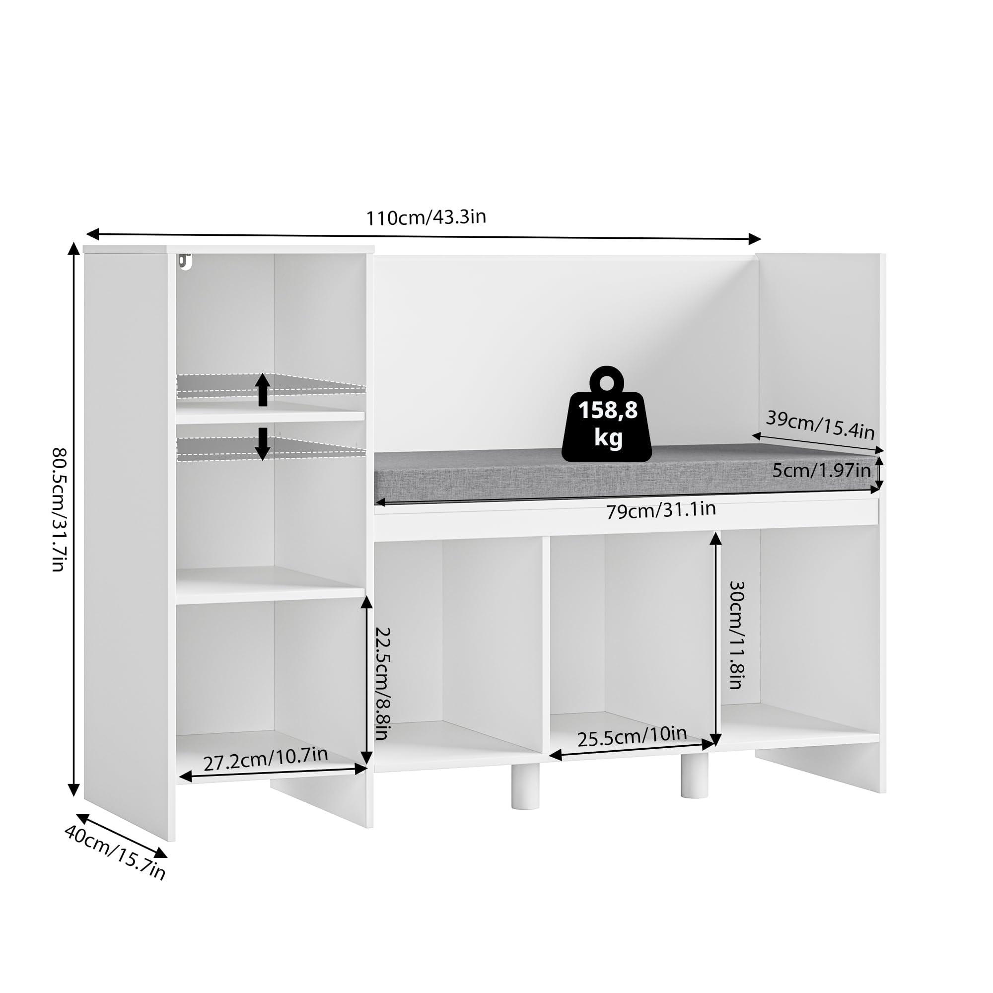HOCSOK Bibliothèque Banc, Etagère pour Enfants avec 6 Compartiments de Rangement, Bibliothèque Enfant, Blanc, 80.5×40×110 cm