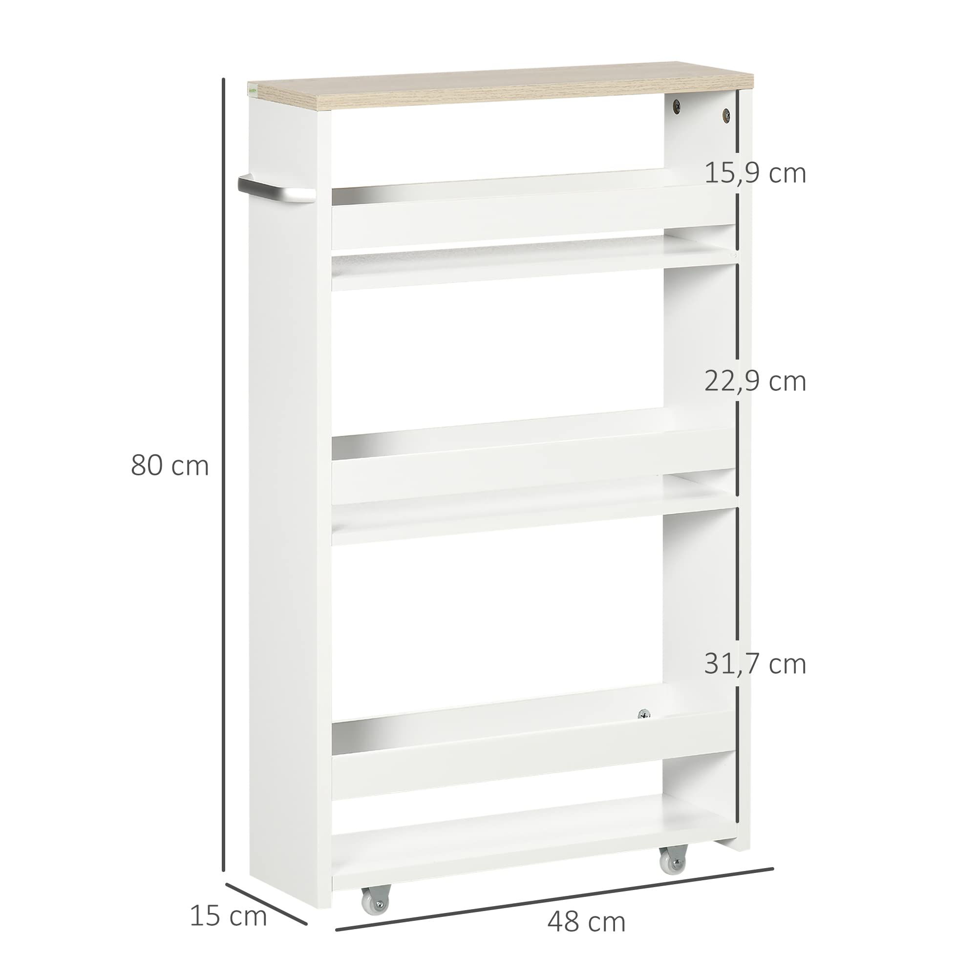 kleankin 3-stufiger Aufbewahrungswagen Regalwagen auf Rollen für schmale Küche Bad Waschküche Büro mit Griff - 48 x 15 x 80 cm weiß