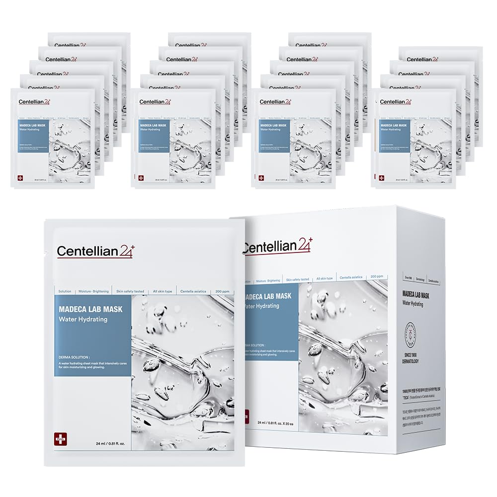 CENTELLIAN 24 Madeca Mask (Water Hydrating, 20pc) - Face Mask Sheet for Deep Hydration, Sun Damage with Centella Asiatica, TECA, Niacinamide, Ceramide. Korean Skin Care for Men Women by Dongkook.