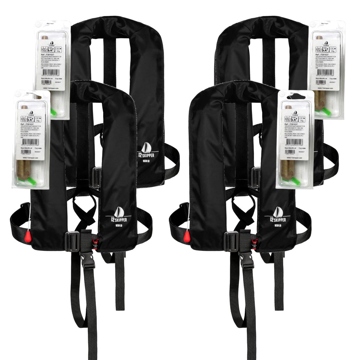Lot de 4 Gilets de Sauvetage Automatiques ISO 165N avec Harnais, 4 Kits d'entretien Inclus, Noir