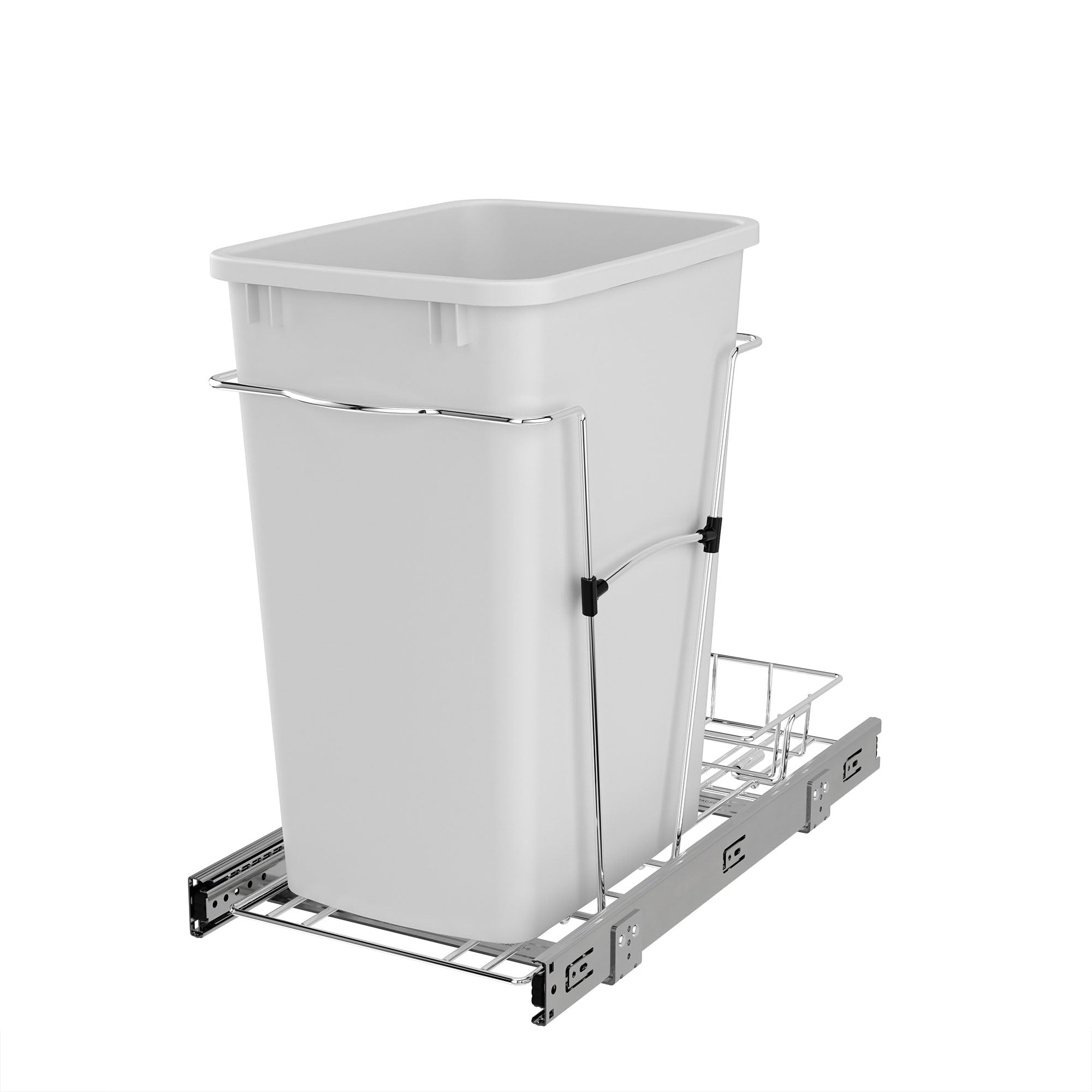 Rev-A-Shelf Pullout Trash Can for Kitchen Cabinets 35 Quart Garbage Waste Recycling Bin with Full Extension Slides, White, RV-12KD-11C