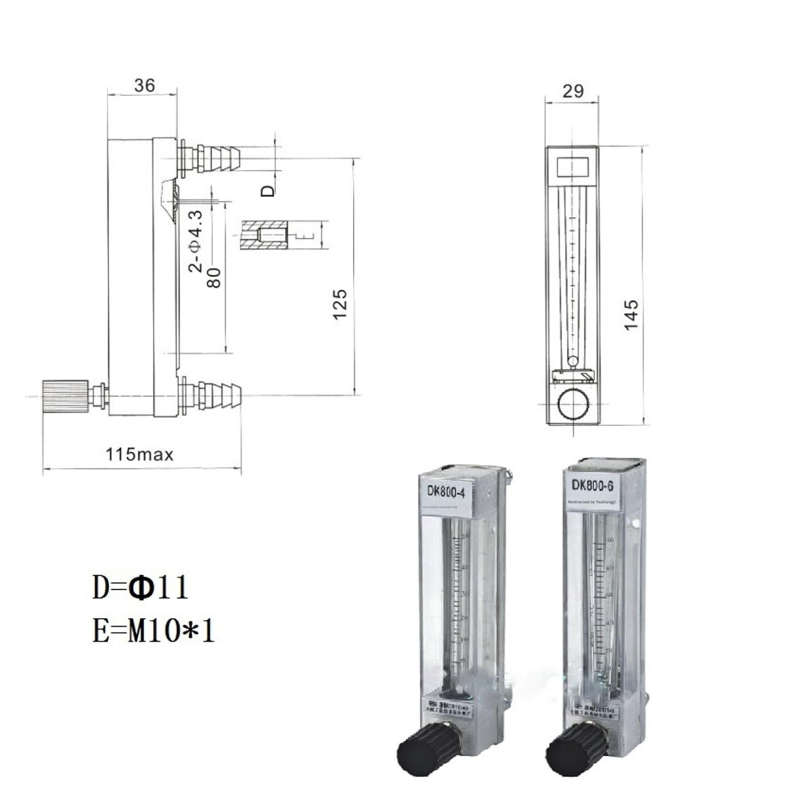 DK800-4 Rotámetro de vidrio Medidor de flujo de área variable Medidor de flujo de aire Medidor de flujo industrial(0.25-2.5L-H)