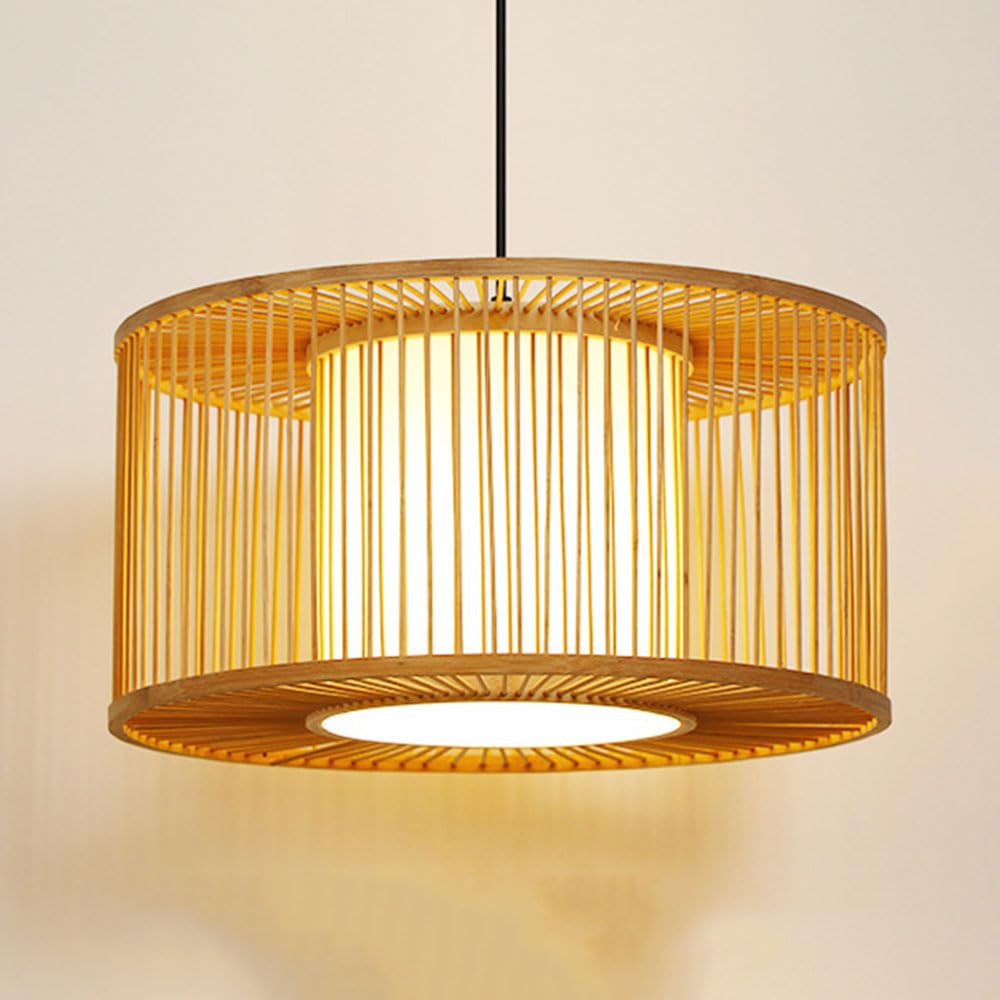CSSYKV Hanging Ceiling Light, Rustic Round Lampshade with Faux Parchment Bamboo Pendant Lights Unique Bamboo Wicker Lantern Modern Boho Hanging Light Fixture for Kitchen Island Dining Room Bedroom