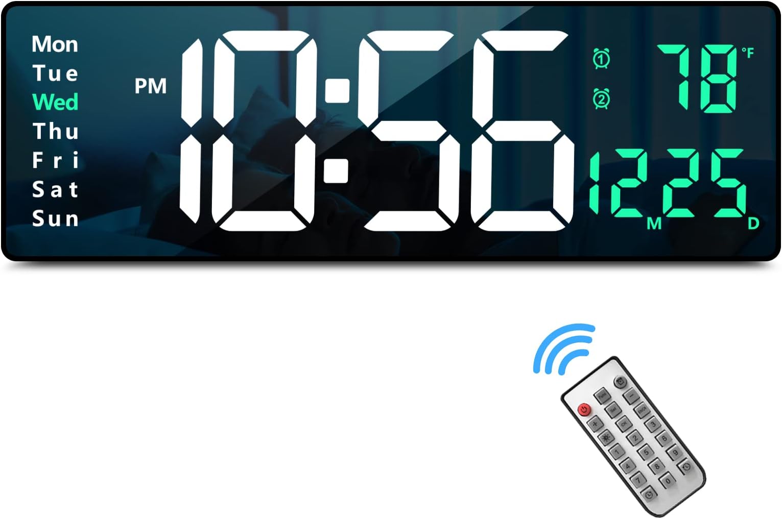Digital Wall Clock Large Display, 16.2 Inch Large Wall Clocks, Modern LED Digital Clock with Remote Control for Living Room Decor, Automatic Brightness Dimmer Clock with Date Week Temperature (Green)