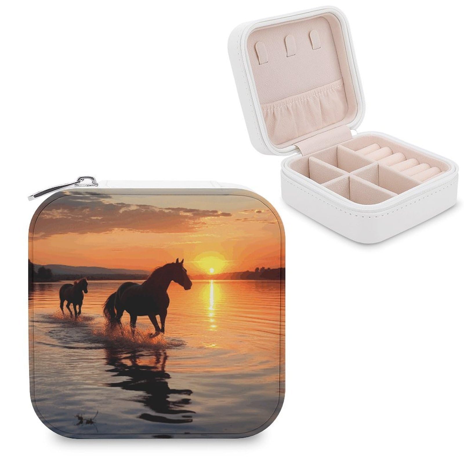 JTREHY Sunsets Lake Horses Jewelry Box Personalized PU Jewelry Box Exquisite Jewelrys Organizer Case Small Portable Jewellery Storage Holder for Rings Earrings Necklaces Gifts