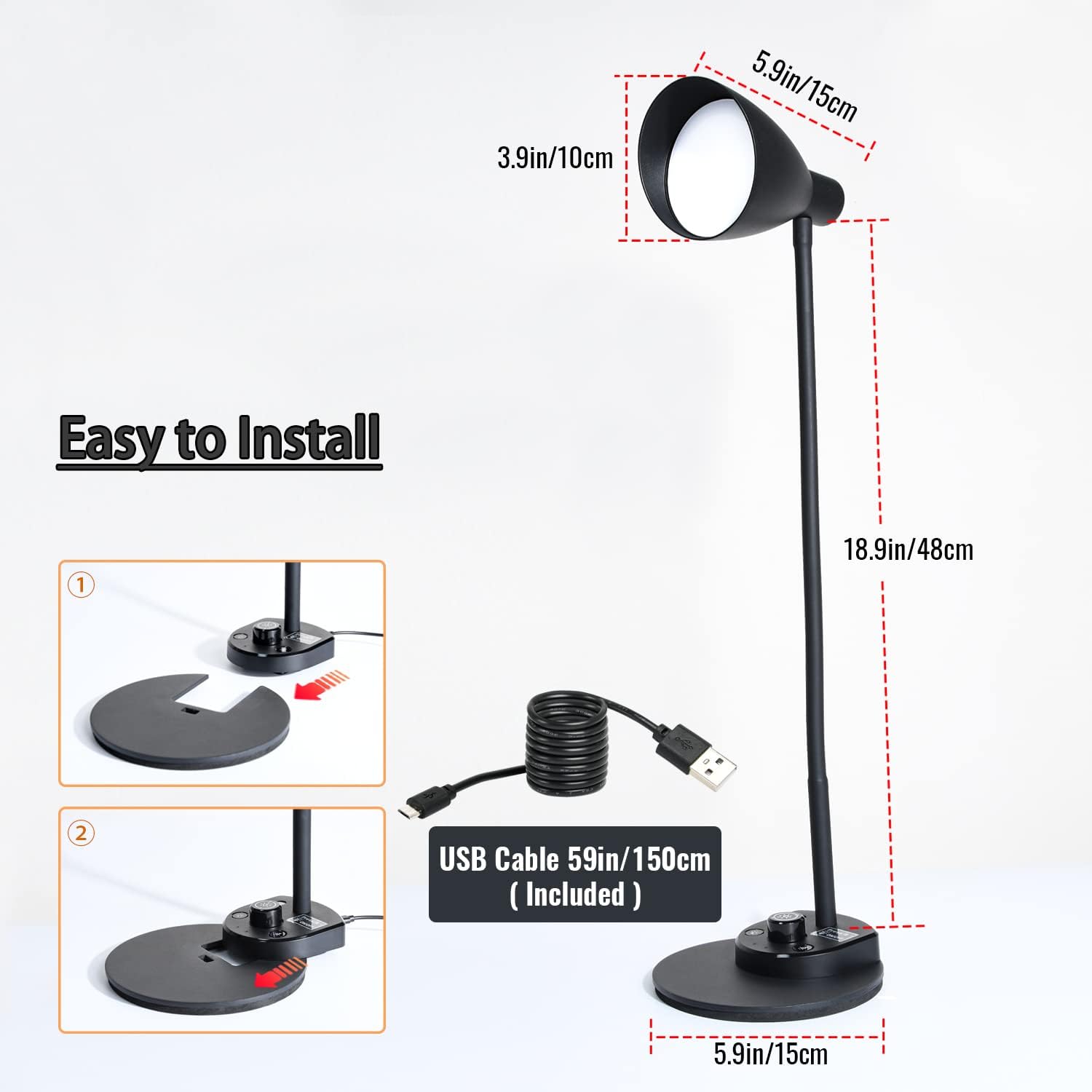 LED Desk Lamp, Desk Light with USB Charger, 3 Color Temperature and 20 Brightness Levels, Eye-Caring Metal Desk Light for Office and Bedroom, 10W, 1000 Lumens, Adapter Included (Black)
