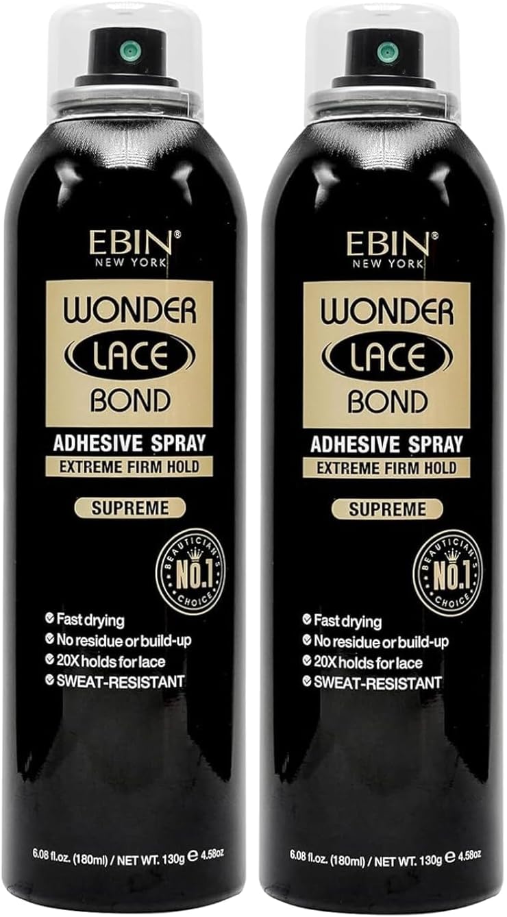 Wonder Lace Bond Adhesive Spray Supreme 6.08 Oz by EBIN NEW YORK โ Sweat & Humidity Resistant, Quick-Dry, Clear Finish of Wig Glue Spray for Front Lace Wig Installs โ Gift Set (2 Pack)