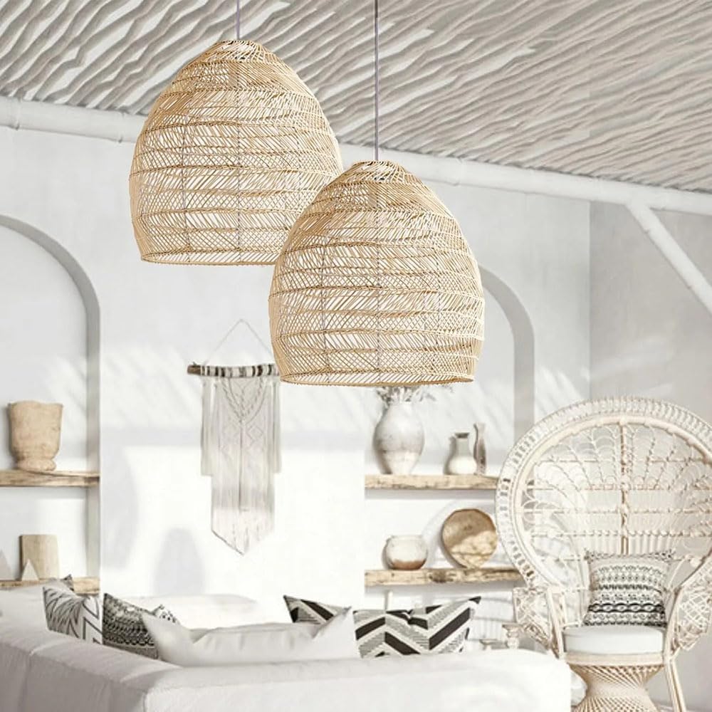 Beżowe lampy wiszące z rattanu nad wyspę kuchenną, żyrandol w stylu rustykalnym z ręcznie plecionym kloszem z wikliny, regulowana wysokość lampy wiszącej w stylu boho do wyspy kuchennej/jadalni/sypial