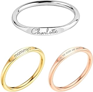 Personalized Name Promise Ring - Custom Engraved Dainty Stacking Ring for Her, Birthday Mom Gift, Gold Rose Silver Plated, Sizes 5-8 - MignonandMignon RF1-D