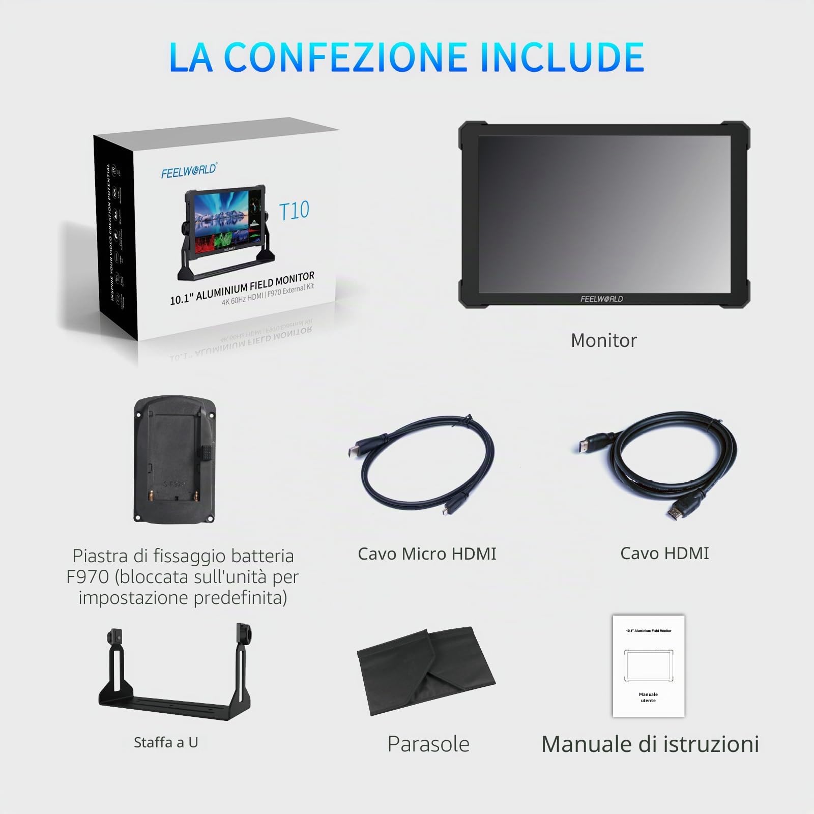 FEELWORLD T10 10.1 Pollici Alluminio Monitor da Campo Fotocamera 4k HDMI Touchscreen FHD 1920x1200 IPS,4K HDMI,3D-LUT,HDR,Waveform,NP-F970 Esterno,Grafica vettoriale