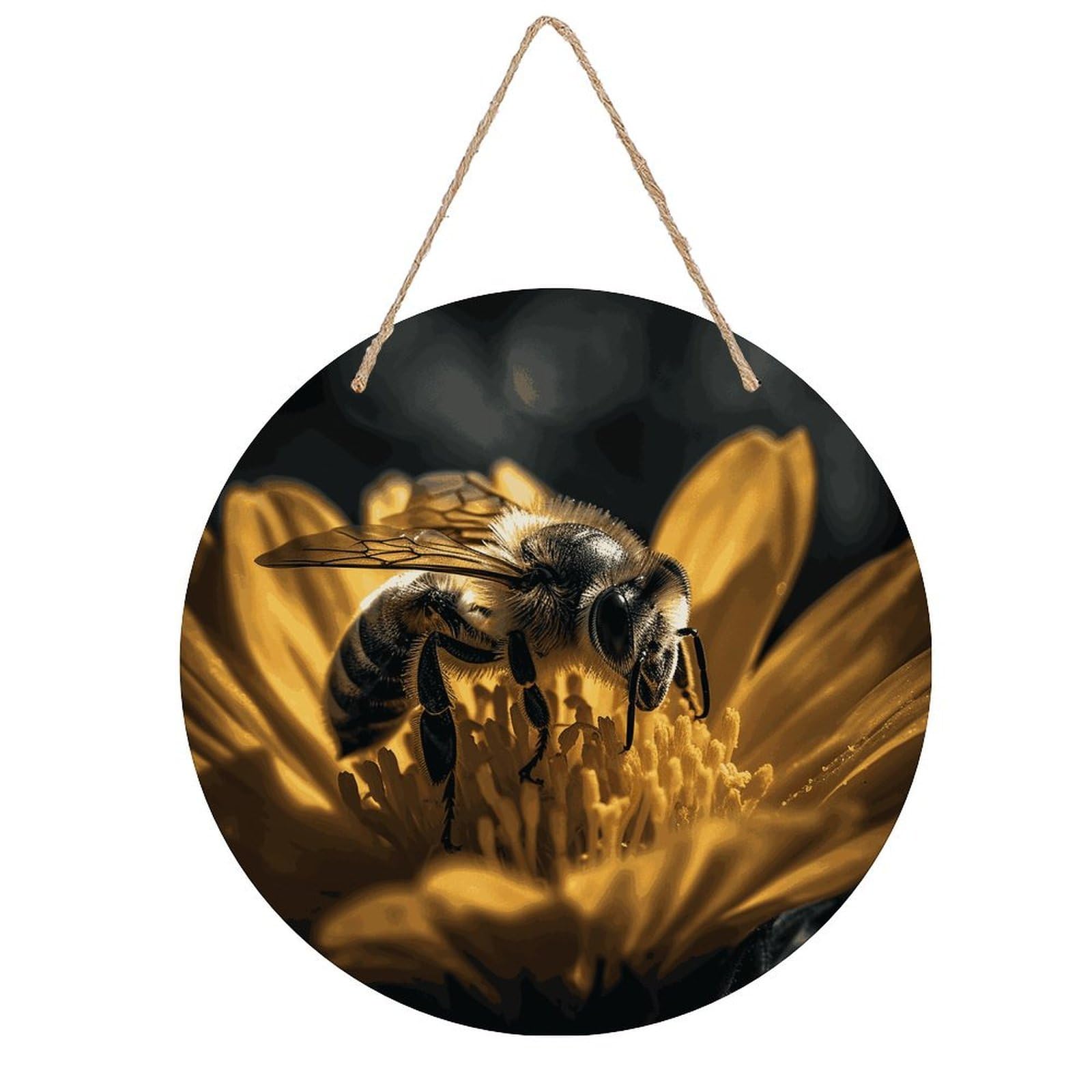 Adfgyerh Style Serious Bee Room Decor，Round Wooden Board Painting，Wall Art，Easy To Hang，Wall Decor ，Suitable For Homes, Offices, Holidays, Bars, Cafes, And Other Venues.