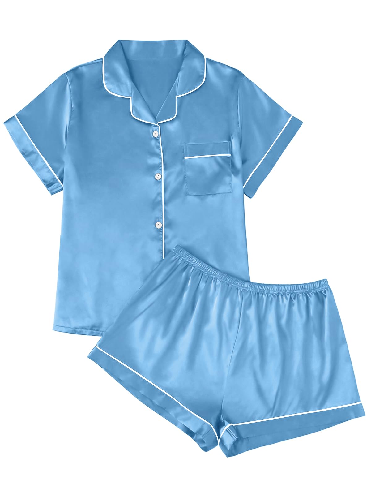 LILLUSORY Silk Satin Pajama Set for Women 2 Piece Lounge Pjs Shorts Matching Summer Sleepwear Button Down Shirt Shorts