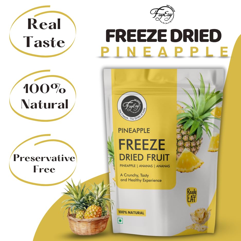 Image of FzyEzy Healthy Premium Freeze-Dried Pineapple Fruit Slices | Pantry Groceries Dehydrated Perfect for Healthy Snacking, Candy, Baking, Smoothie, Juice, Cake, Ice cream, Cereal | Promotes Good Digestive Health | Ideal Slices for Kids & Adults (150g)