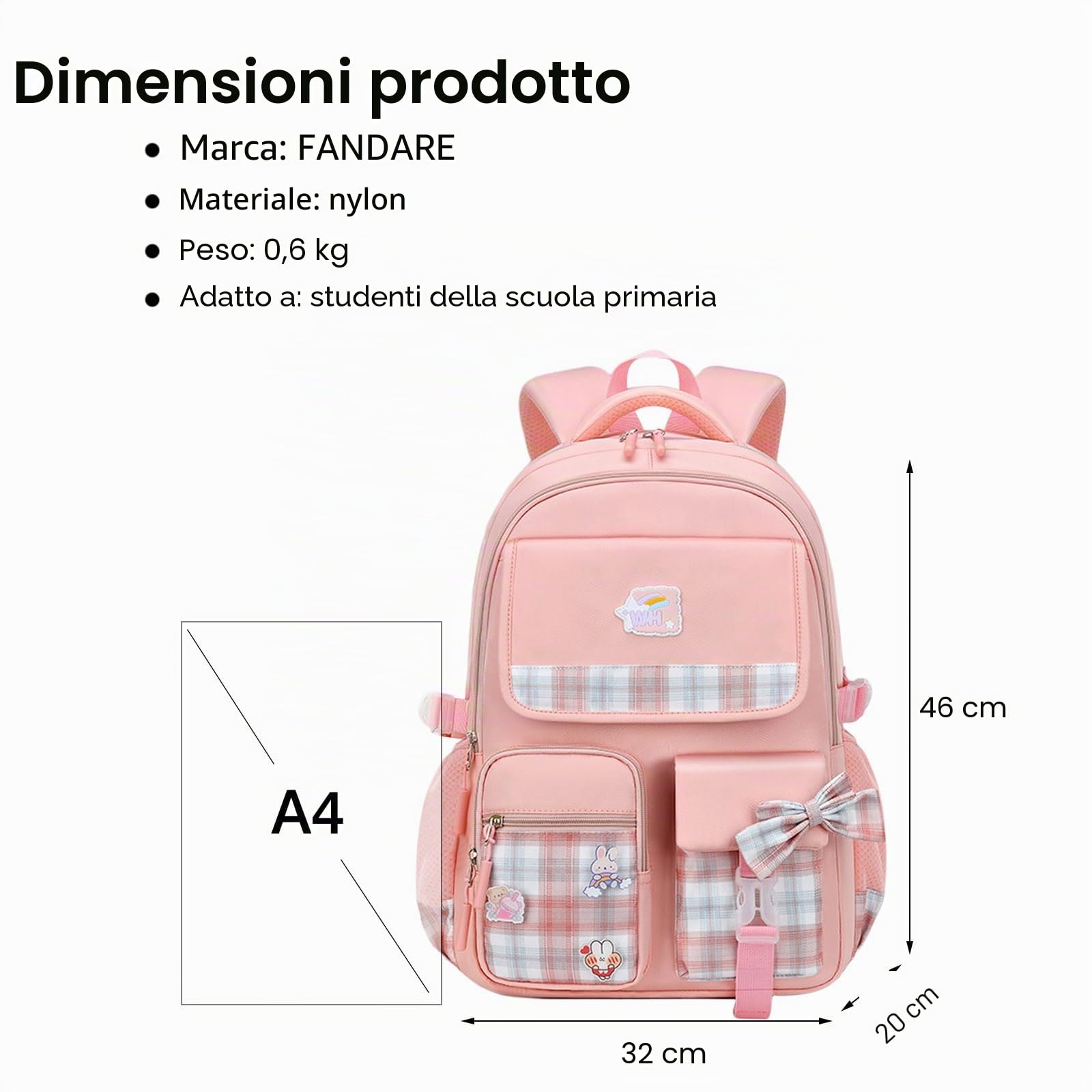 FANDARE Zaino per bambini per la scuola Luminoso Zainetti Cartelle Zaino Scuola Elementare Zaino Casual Ragazze Ragazzi Zainetto per Studenti Viaggiare con ciondolo in peluche & Badge carino Rosa