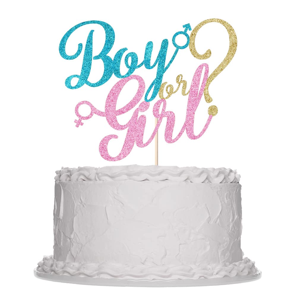 boy or girl cake topper - gold glitter baby shower, gender reveal, welcome newborn party decoration (Blue And Pink)