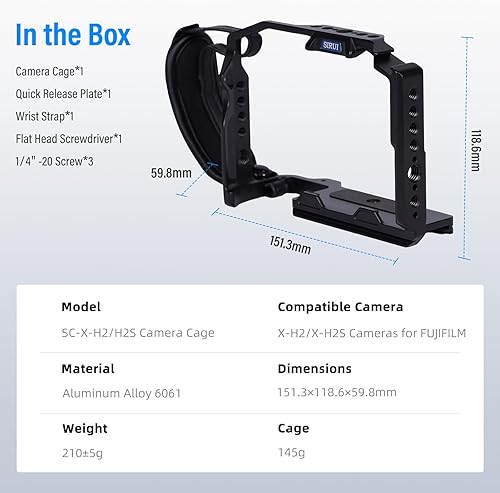 Miniatura 8 de SIRUI X-H2 X-H2S - Jaula para cámara con correa para muñeca, carcasa de aluminio para FUJIFILM X-H2X-H2S con riel NATO, placa QR para Arca, zapata