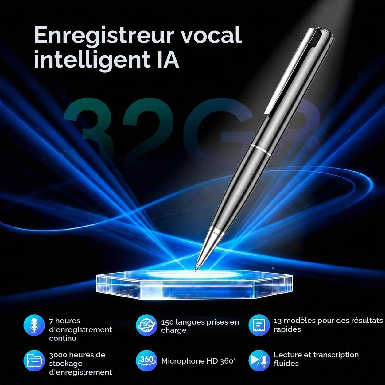 SKARA Dictaphone IA avec Transcription, Enregistreur Vocal 150 Langues avec Résumé IA & Cartes Mentales, Mini Enregistreur Audio pour Réunions, Cours et Interviews