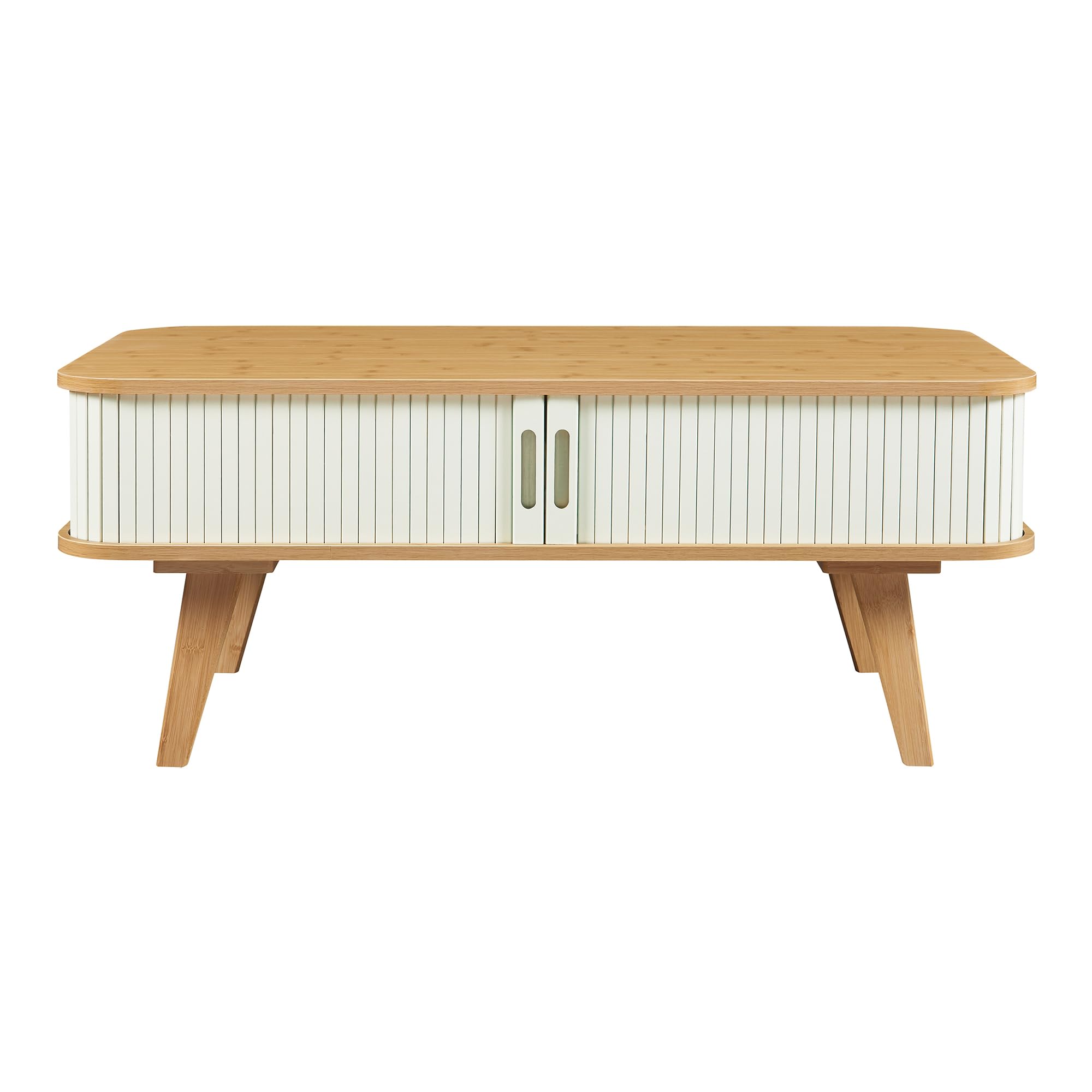 [en.casa] Table Basse Design Scandinave avec 2 Portes Coulissantes et Compartiment de Rangement Table d'Appoint Bout de Canapé Bambou MDF 100 x 50 x 40 cm Naturel Blanc Crème