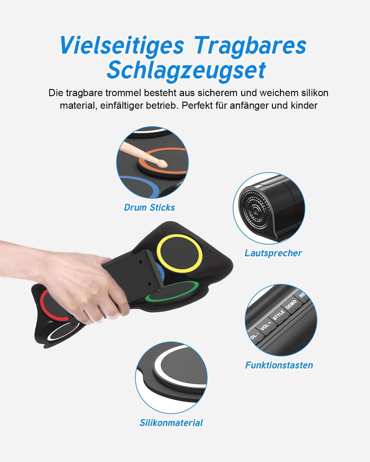 Schlagzeug Elektronisch, 7 Pads Faltbares Elektronisches Schlagzeug mit Drumsticks und Dual Speakers, Farbe Tragrbares Elektrische Drum set für Kinder, Anfänger Geburtstag und Geschenk