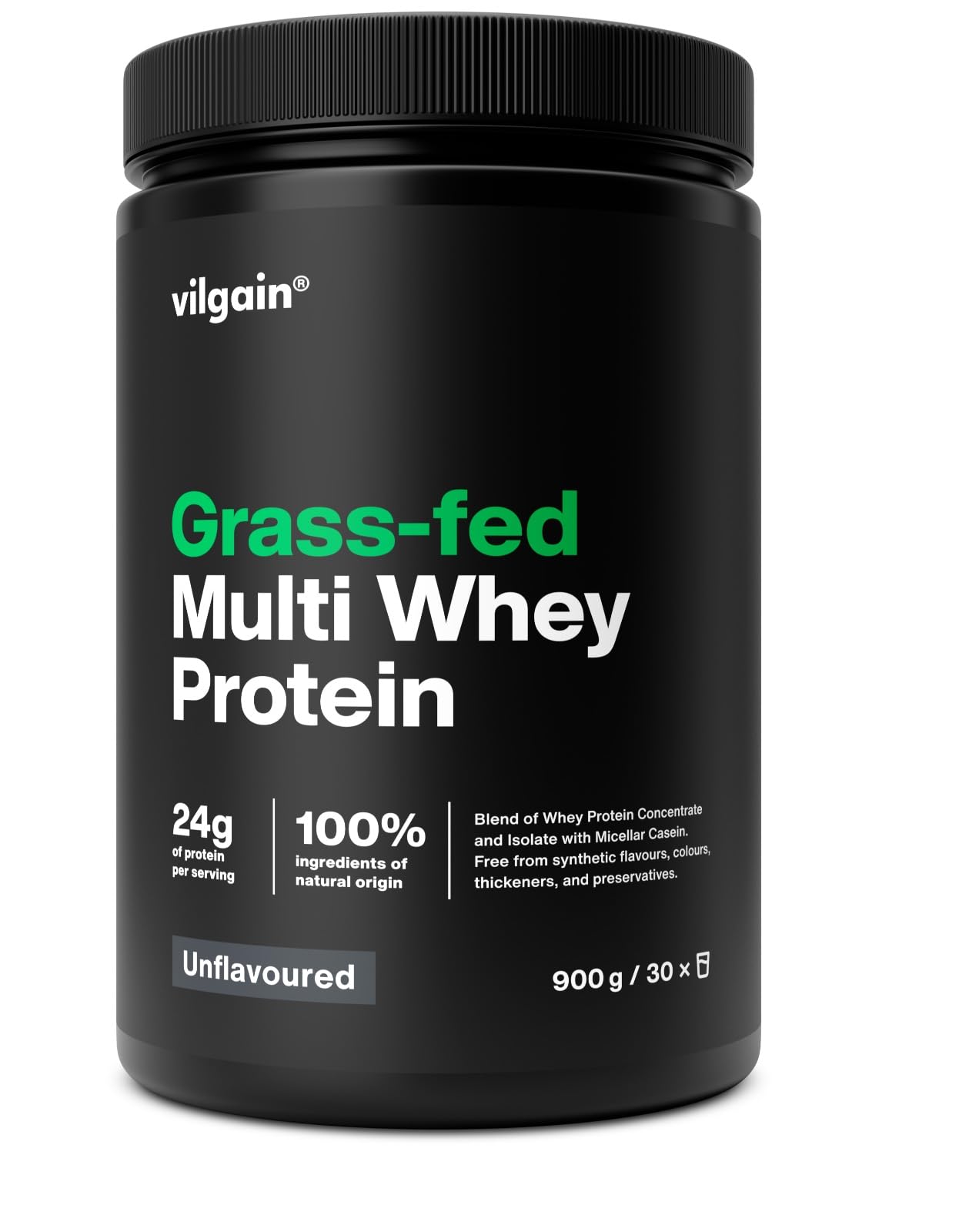 Vilgain Grass-Fed Multi Whey Protein Unflavoured 900 g| 3 Protein Sources for Extended Release | Digestive Enzyme Complex | Natural Stevia Sweetened Shake | Low Sugar & Fat | 23g Protein