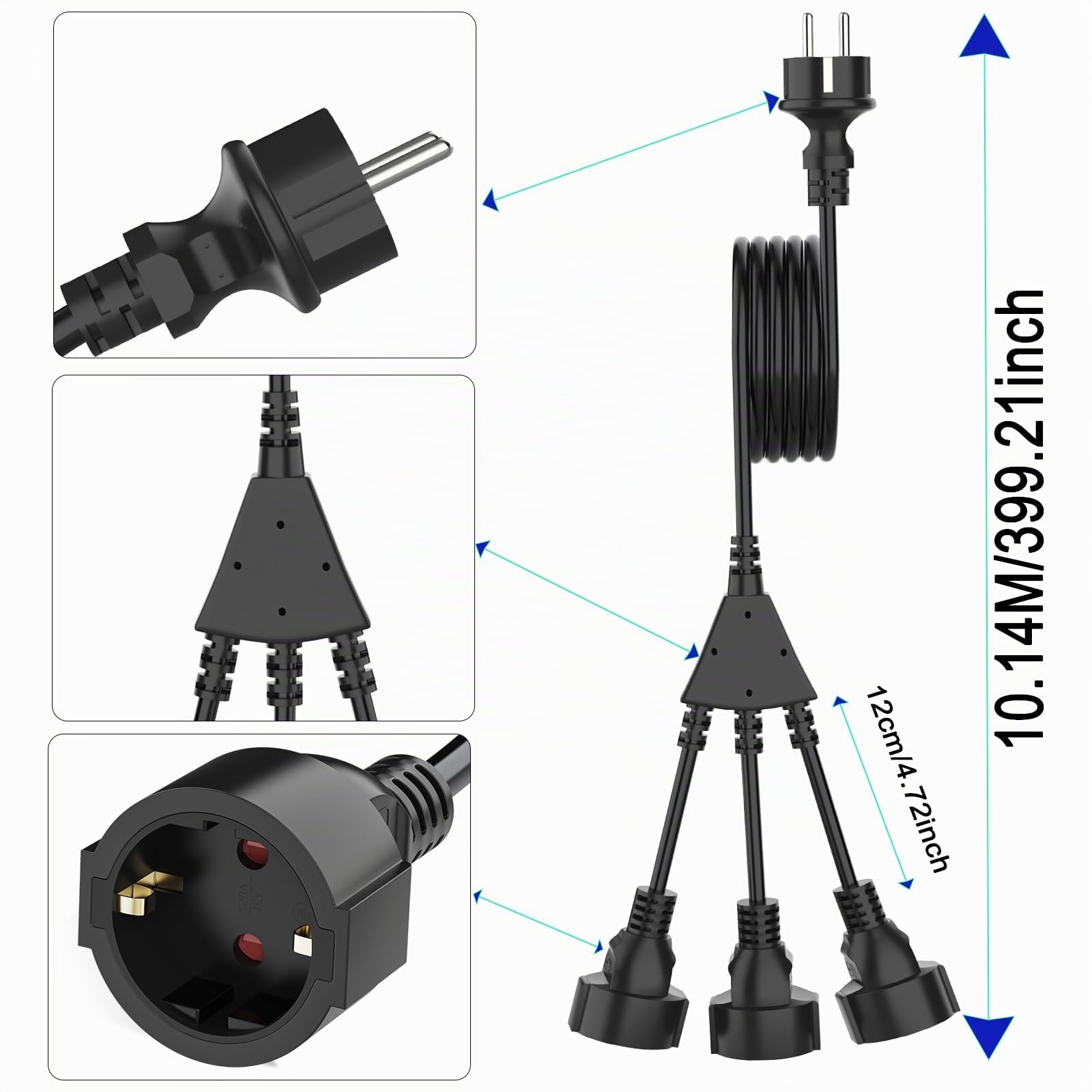 Schutzkontakt Verlängerungskabel, Steckdose Außenbereich für Doppelstecker 3 Fach, 3x1,5mm² Kupfer, 250V/13A, Wasserdicht IP44 für draußen Haushalt, Büro, Garten, 10M Schwarz