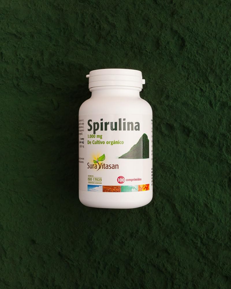 SURA VITASAN Spirulina 1.000 mg 100 Comprimidos – Alga Rica en Proteínas y Aminoácidos – Superalimento para la Vitalidad y Energía – Fuente Natural de Clorofila, Betacarotenos, Vitamina E y Hierro