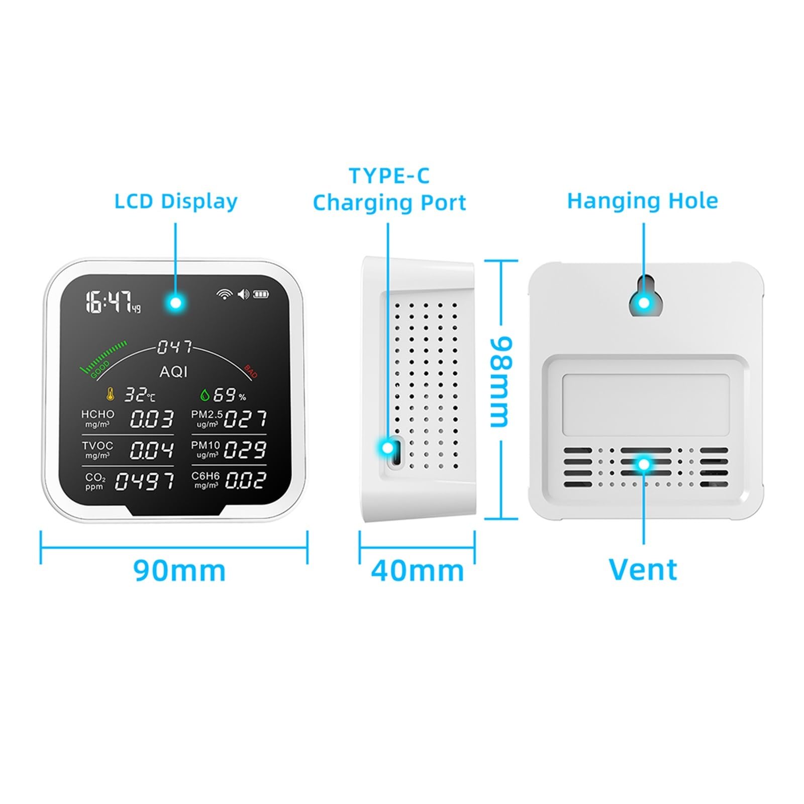 Misuratore di qualità 'aria portatile HCHO/TVOC/CO2/PM2.5/PM10/AQI/C6H6 Tester umidità a temperatura Rilevatore anidride carbonica con schermo da 4.8 pollici,Alta Precisione