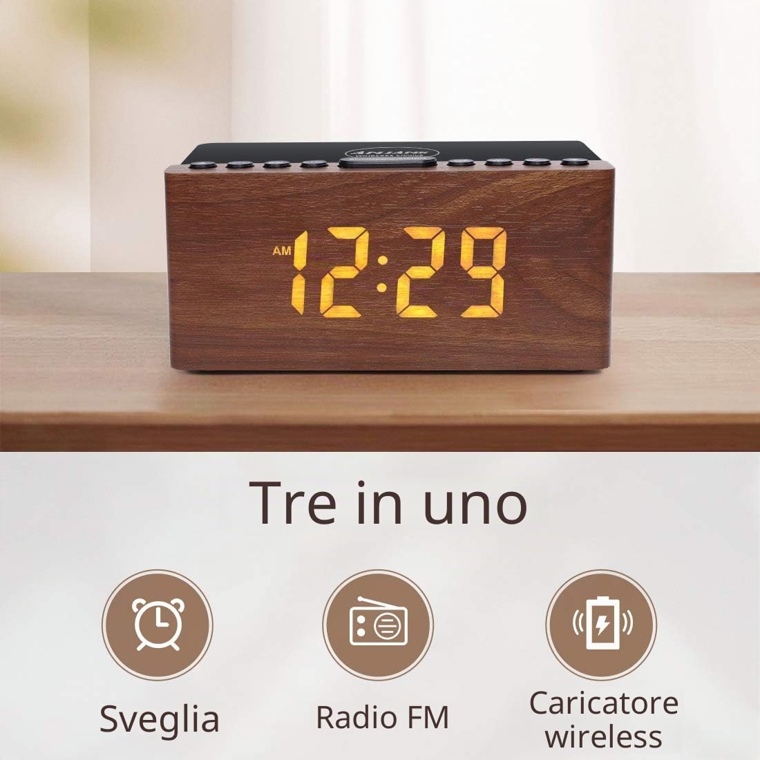ANJANK Radiosveglia Digitale con Radio FM, Stazione di Ricarica Wireless Veloce 10W per iPhone/Samsung Galaxy, Display LED, Dimmer 5 Livelli, USB