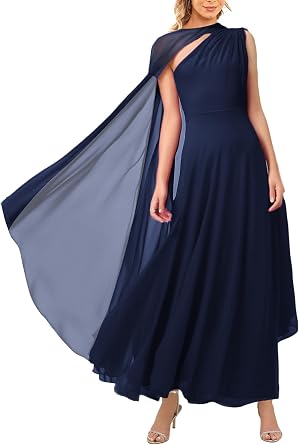 Lrady Womens Elegant Evening Gowns Crewneck One Shoulder Flowy Aline Wedding Guest Party Formal Maxi Dresses with Cape