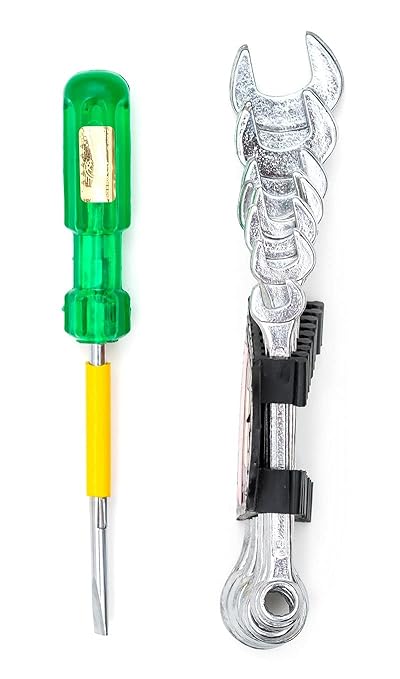 GLOBUS 1470 STEEL HAND TOOL SET/2 PCS (SCREW DRIVER 2 IN1 AND COMBINATION SPANNER SET/8 PCS CHROME MATT FINISH IN CLIP)