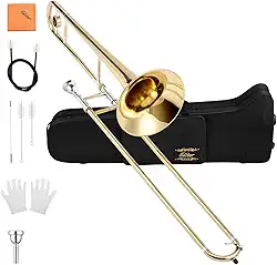Trombone deslizante Eastar tenor Bb para estudantes iniciantes, instrumento de trombone banhado a latão plano B com bocal, luvas brancas, kit de limpeza, ETB-330, dourado