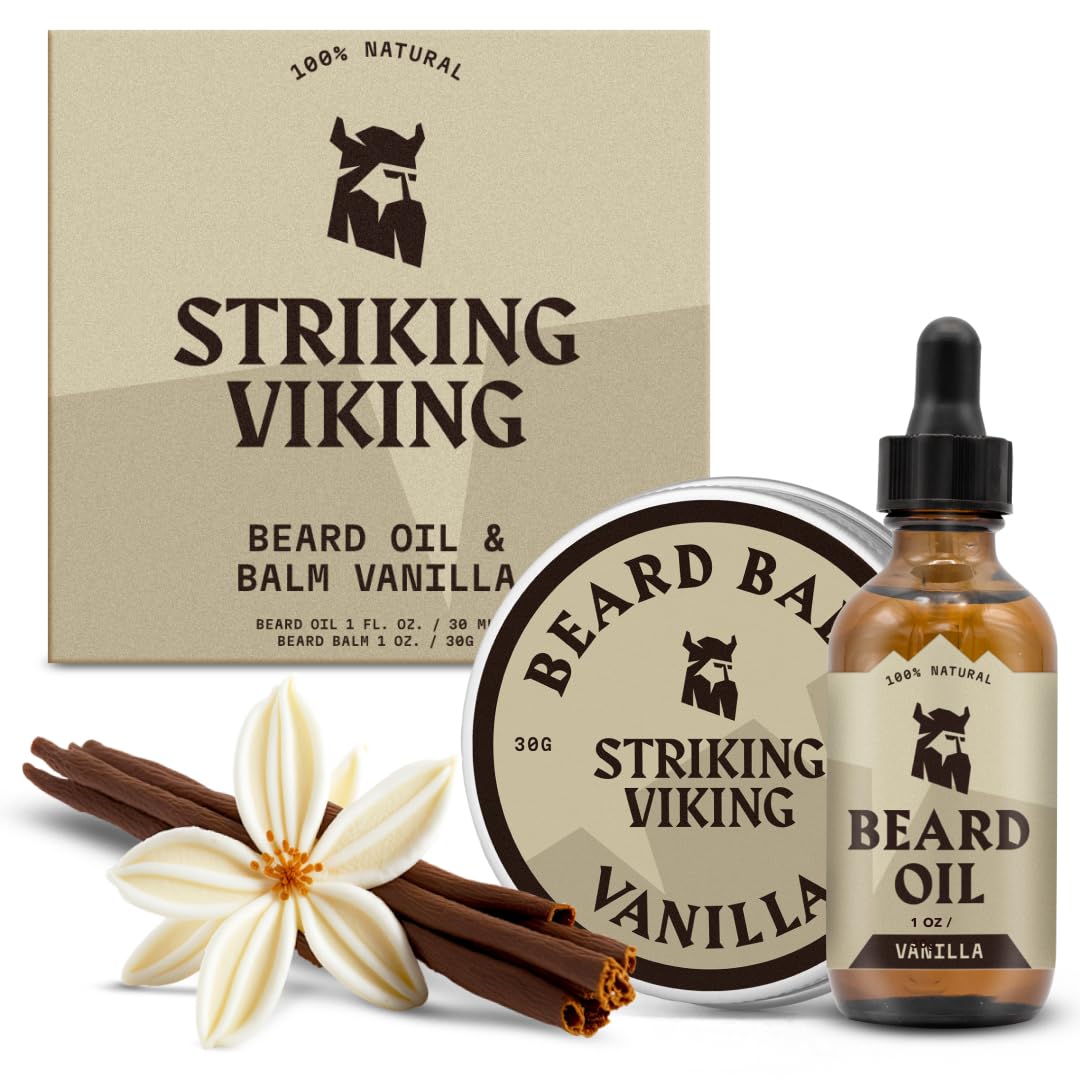 Striking Viking Beard Oil and Balm - Leave in Beard Conditioner - Tames, Styles, Softens, Moisturizes Beards and Mustache - Made with All Natural and Organic Argan and Jojobo, Olejki waniliowe