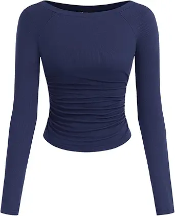 PRETTYGARDEN Long Sleeve Shirts for Women 2025 Fall Ruched Sides Boat Neck Basic Tee Casual Fitted Ribbed Knit Crop Tops